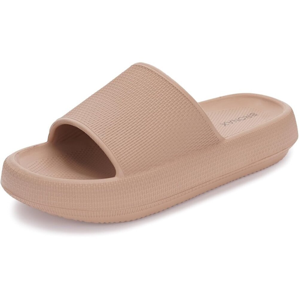Women's Light Brown Pillow Slides Slippers Shower Sandals Cushioned Thick Sole